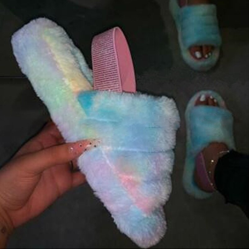 2020 Women Indoor Fur Slides Bottom Antiskid Furry Slippers Ladies Fashion Fur Slippers Pantuflas De Mujer Spring Plush Slippers