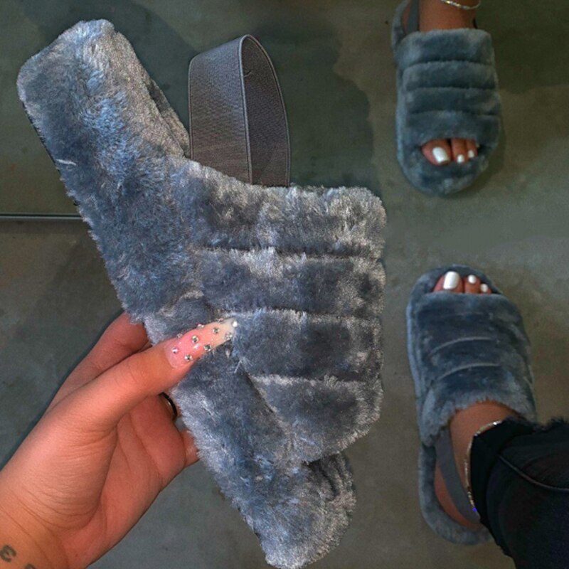 2020 Women Indoor Fur Slides Bottom Antiskid Furry Slippers Ladies Fashion Fur Slippers Pantuflas De Mujer Spring Plush Slippers