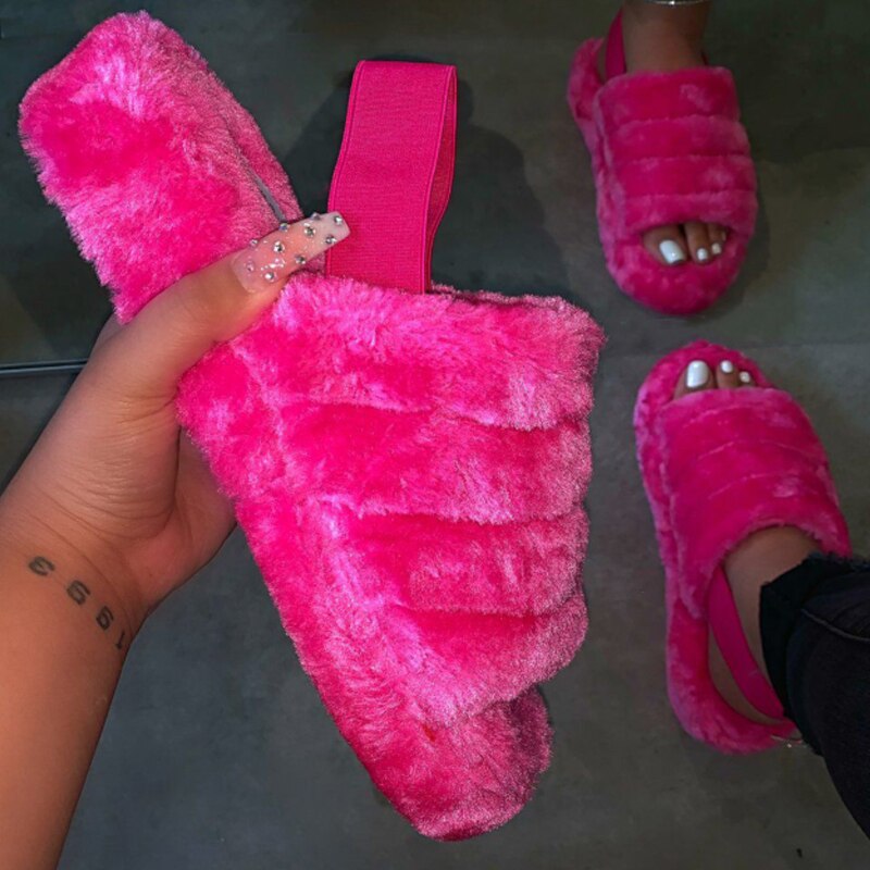 2020 Women Indoor Fur Slides Bottom Antiskid Furry Slippers Ladies Fashion Fur Slippers Pantuflas De Mujer Spring Plush Slippers